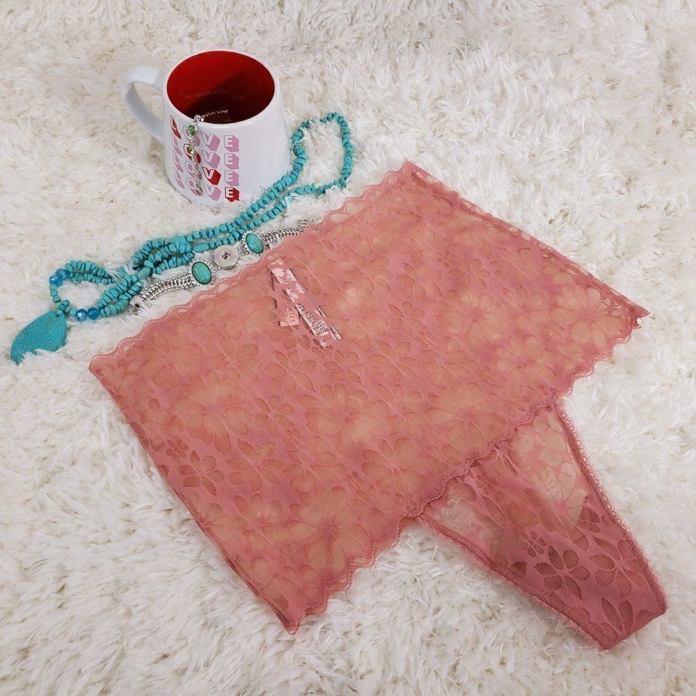 VS Pink Pale Lace Mesh Floral High Waist THONG Medium Nwt